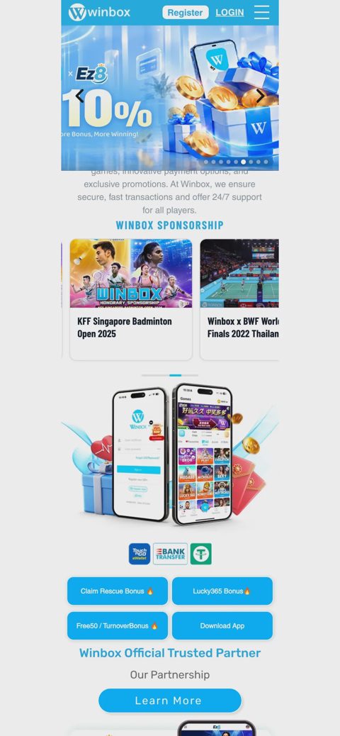 Winbox home page — mobile version