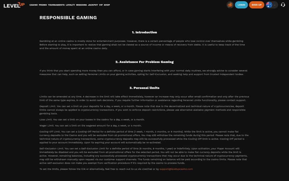 Ответственная игра на LevelUp Casino
