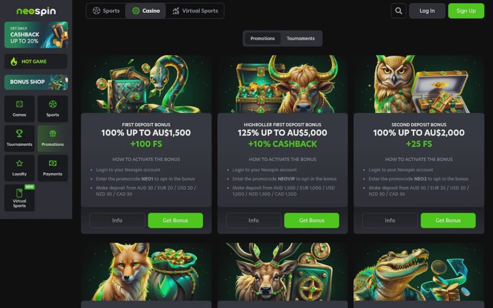 Neospin bonuses and promotions