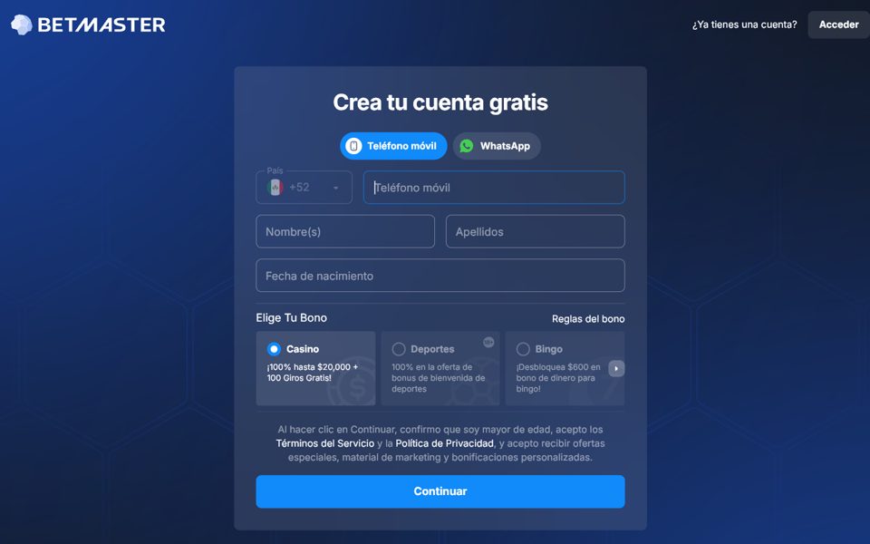 Betmaster registration form