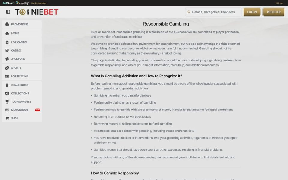 Responsible gaming at TOONIEBET