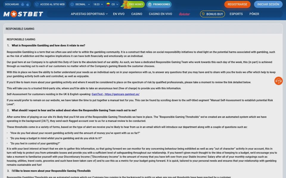 Ответственная игра на Mostbet