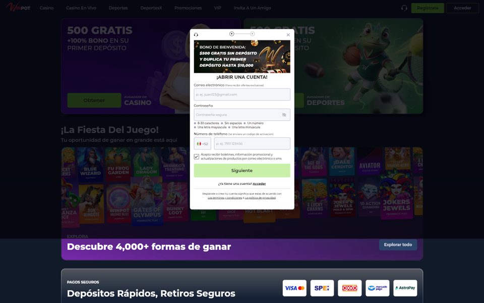 Форма регистрации Winpot
