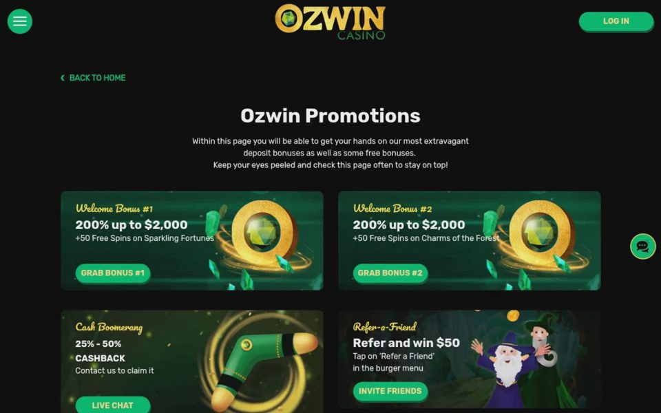 Ozwin Casino bonuses and promotions
