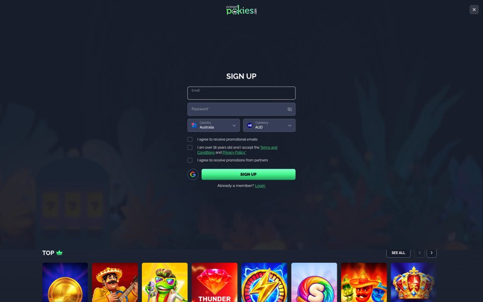 Форма регистрации Crown Pokies