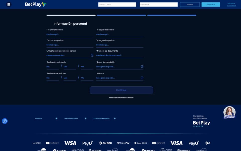 Форма регистрации BetPlay