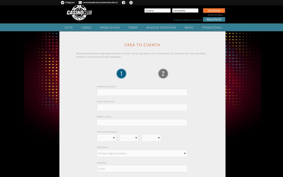 Casino Club Online registration form