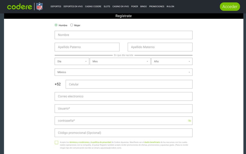 Форма регистрации Codere