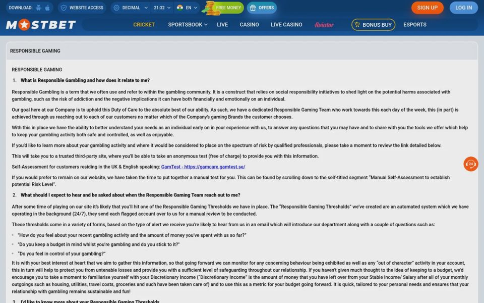 Ответственная игра на Mostbet