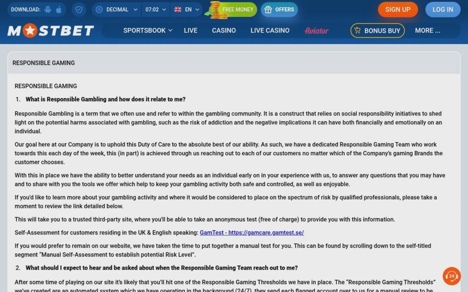 Ответственная игра на Mostbet