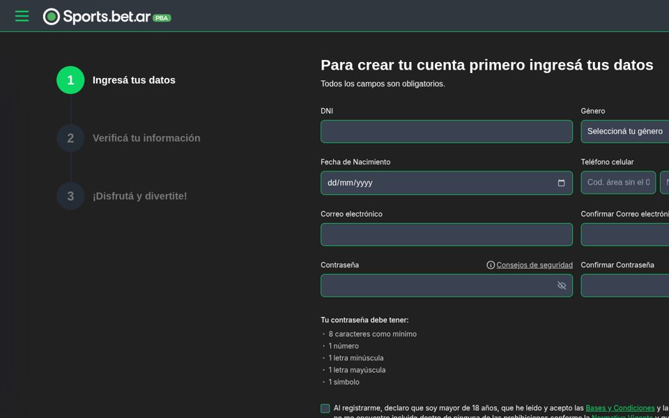Форма регистрации Sportsbet