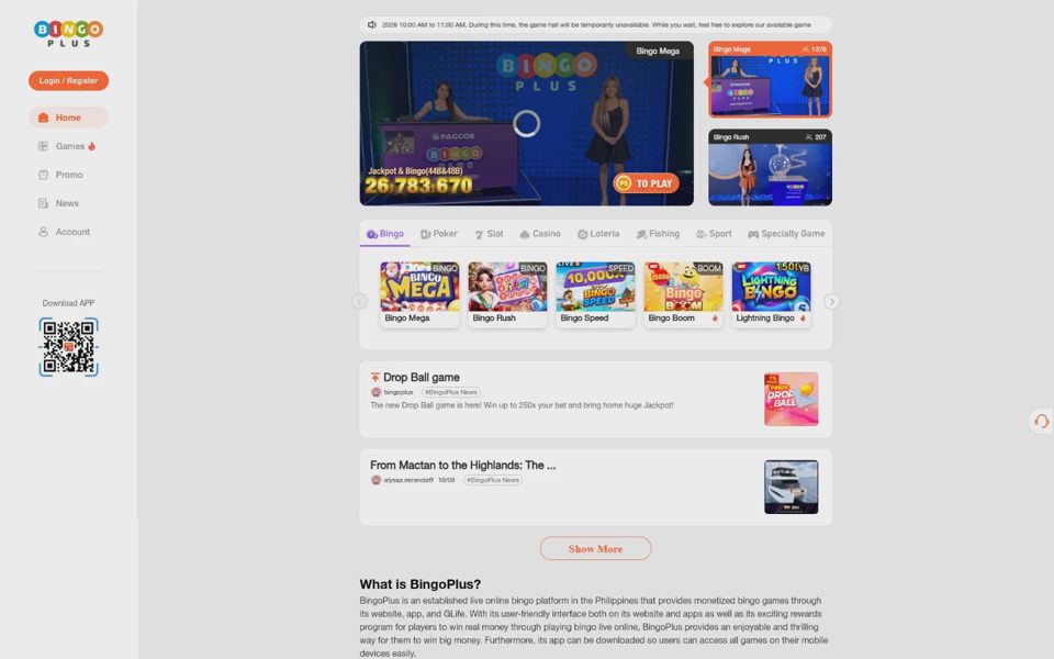 Главная страница BingoPlus