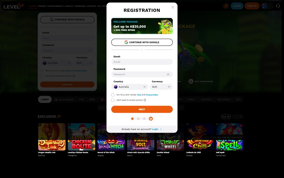 Форма регистрации LevelUp Casino