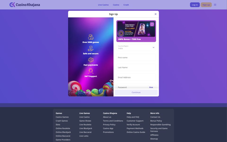 Форма регистрации Casino Khajana