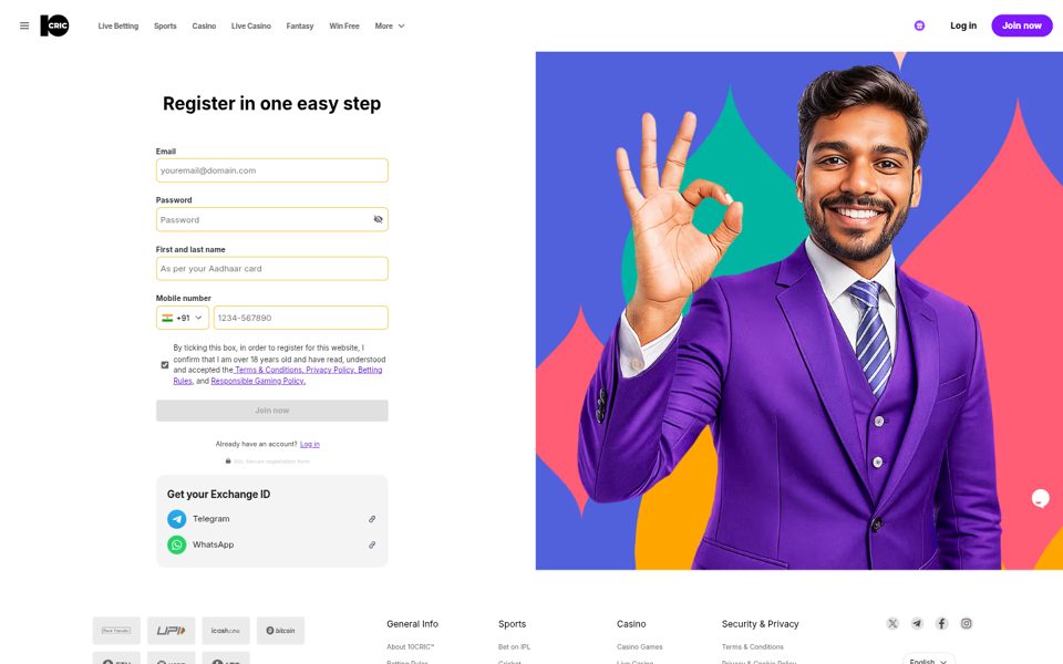 10CRIC registration form