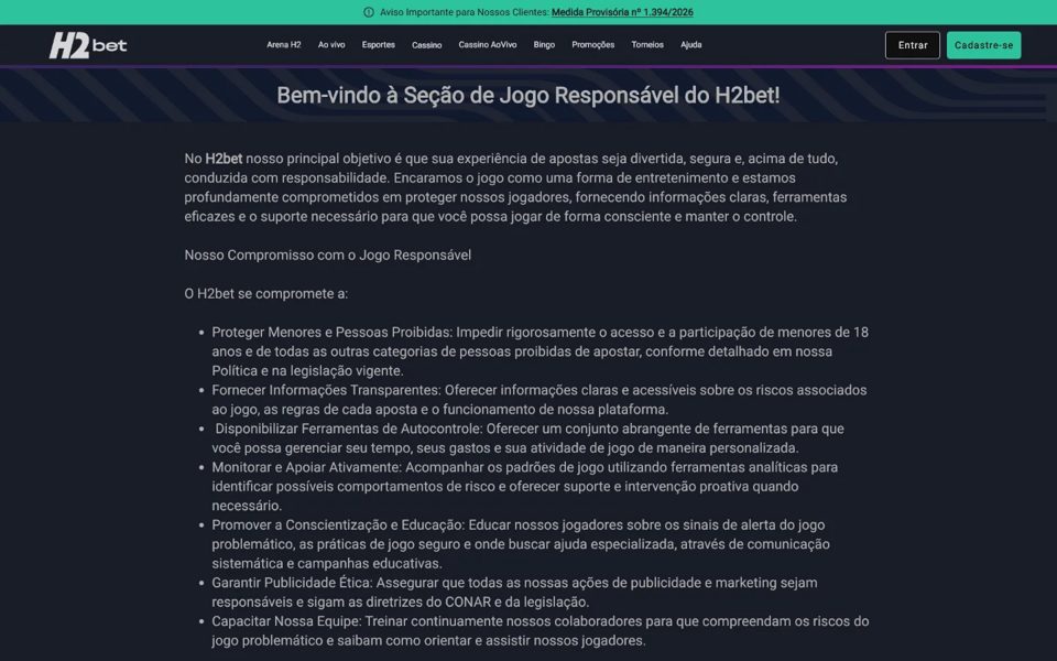 Ответственная игра на H2bet